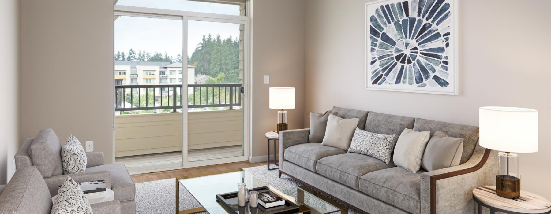 a living room with a large glass door