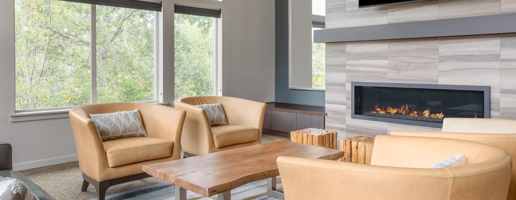 a living room with a fireplace