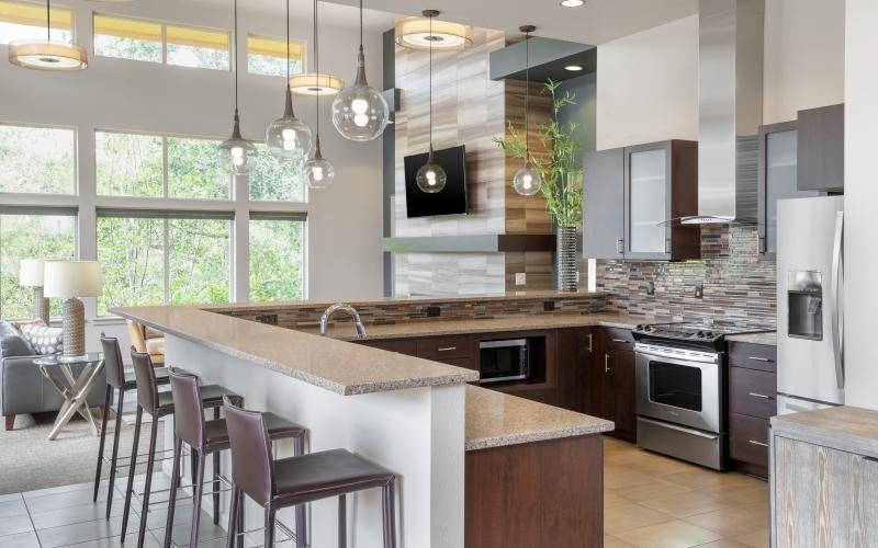 a kitchen with a large island