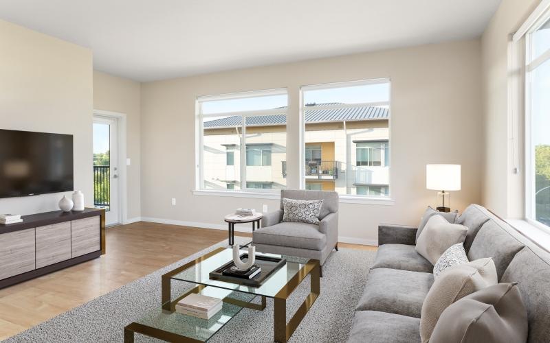 a living room with a large window